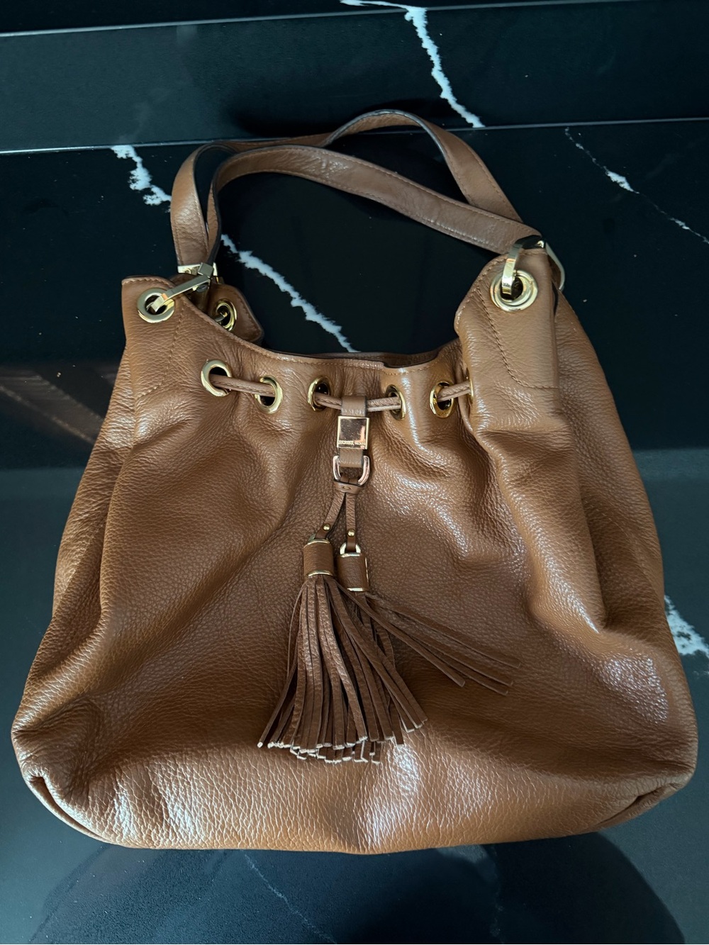 Michael Kors Pebbled Leather Tassel Drawstring Shoulder Bag